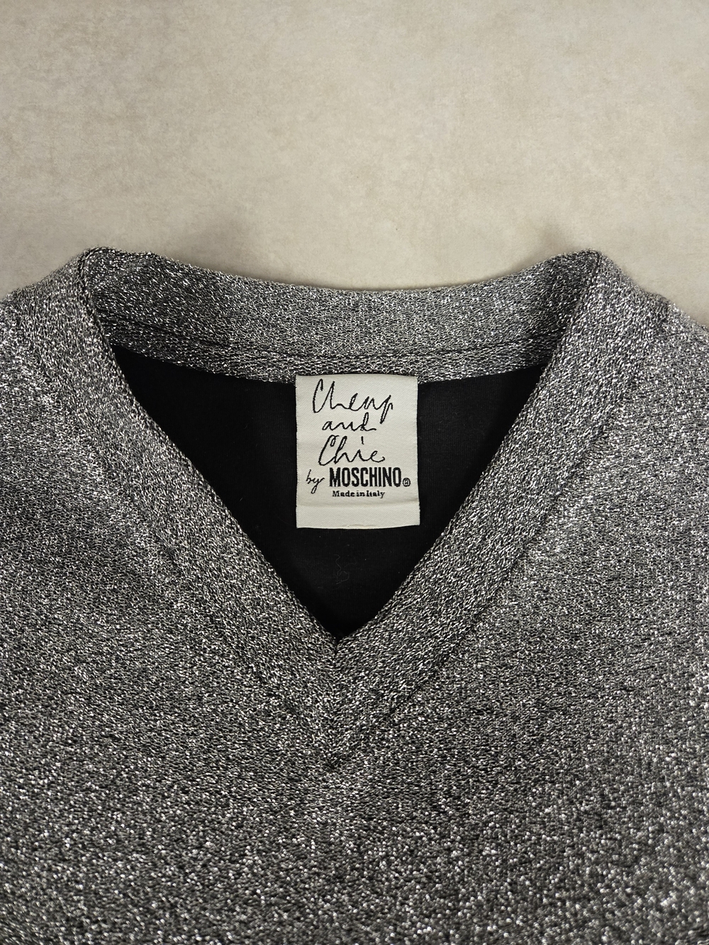 Vintage 90s Cheap and Chuc Moschino Metallic Silver V‑Neck Sweater